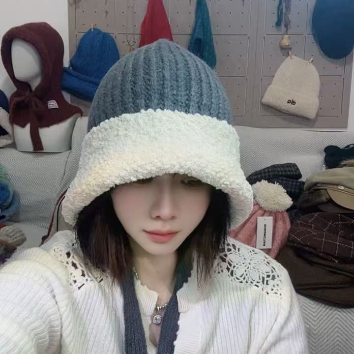新款韩版系带毛线帽拼接毛绒可爱秋冬羊羔毛护耳保暖百搭