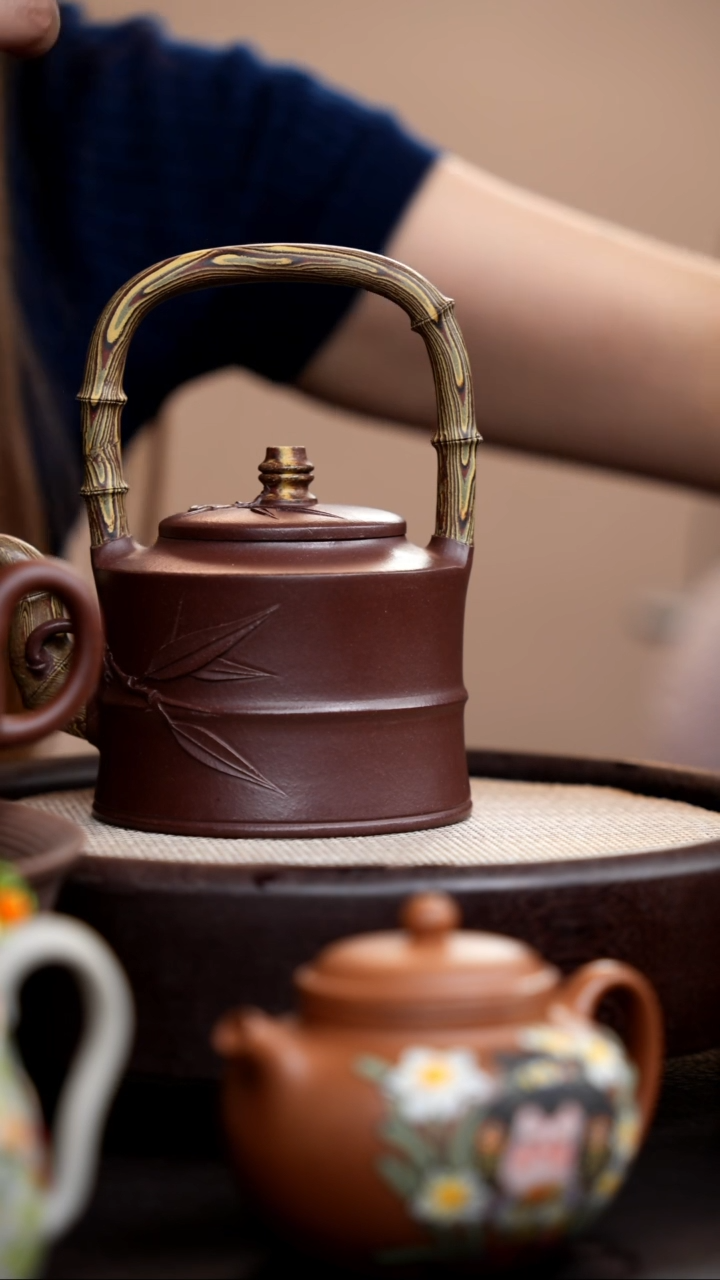 茶壶紫砂紫泥绞泥竹节提梁015