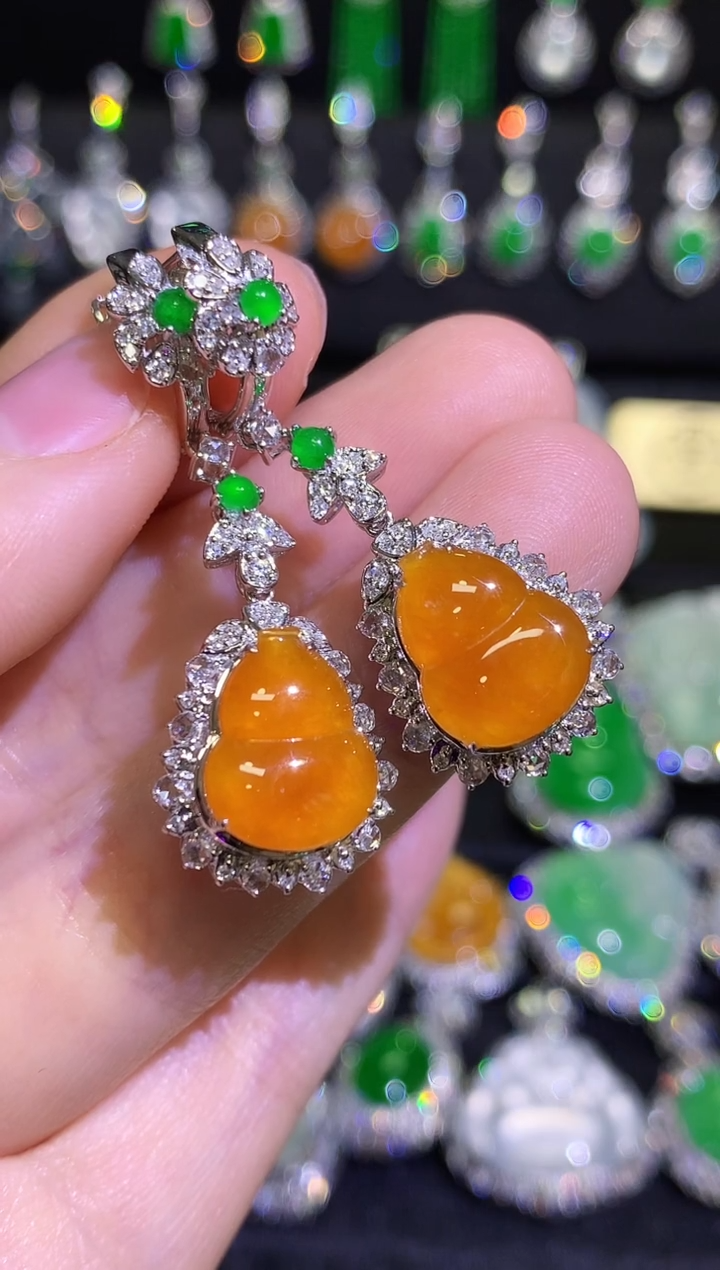 【闪购商品】翡翠耳饰18K金镶嵌高冰黄翡葫芦耳坠
