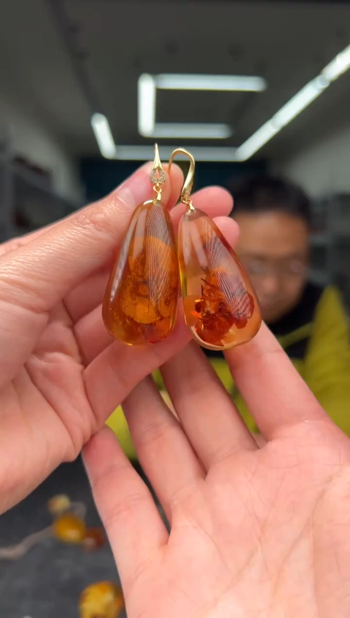 琥珀银S925镶嵌耳饰吊坠