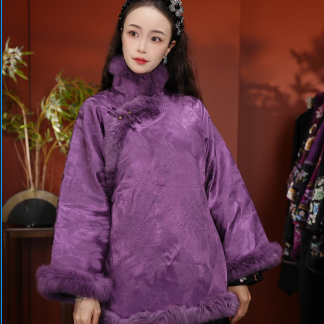 25403新中式国风新款暗纹提花斜襟棉服