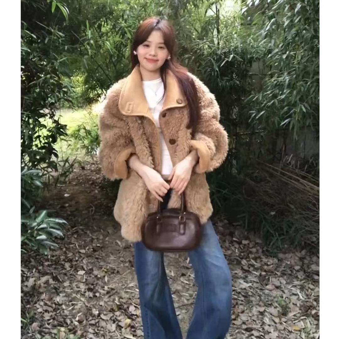 两面穿机车服外套女秋冬韩系加厚宽松羊羔毛绒外套5205