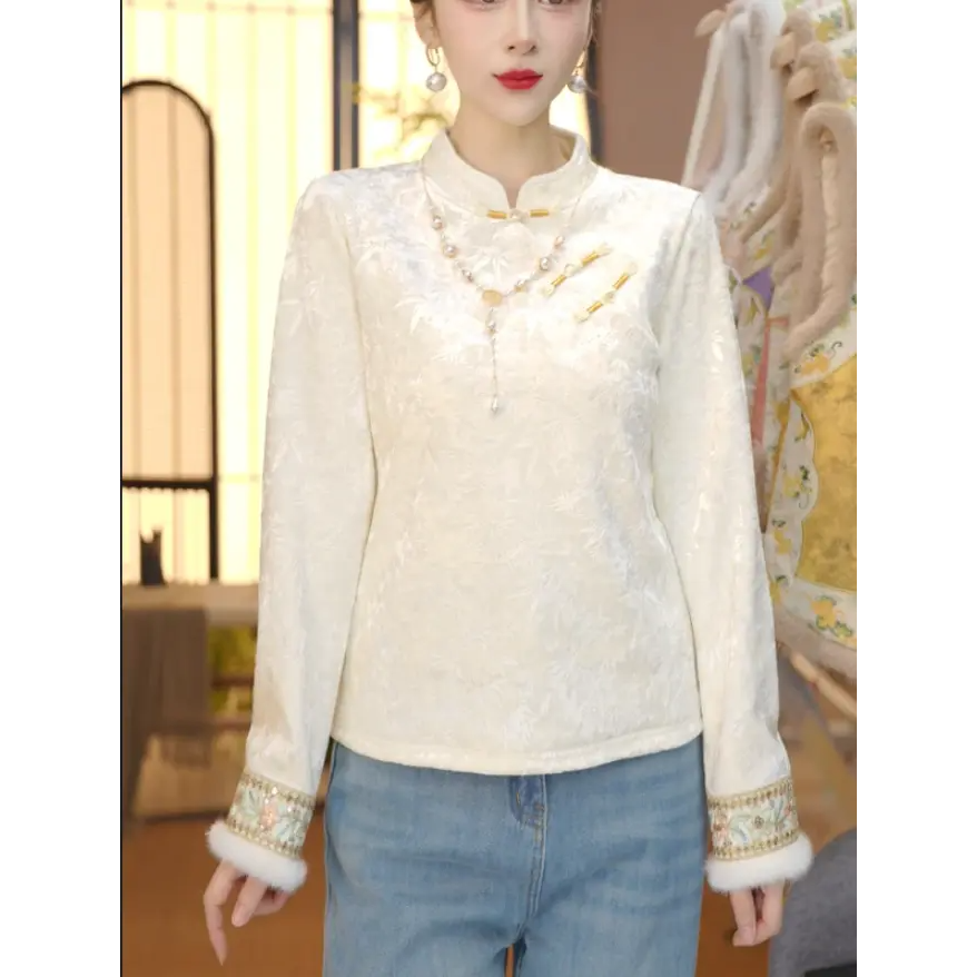 冬季新款新中式提花精致百搭上衣拼接加绒加厚网红长袖打底小衫