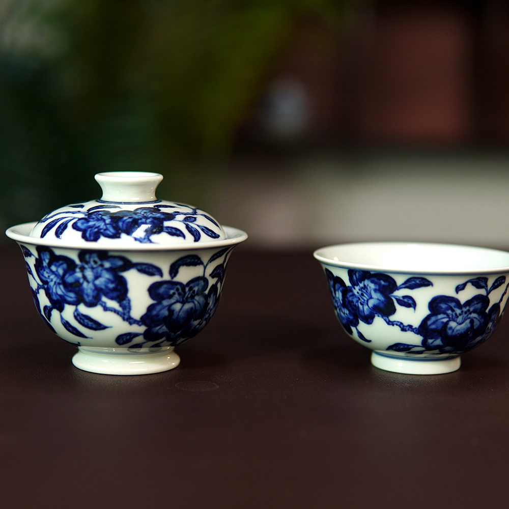 言瓷有理手工手绘仿明山茶花盖碗加杯子