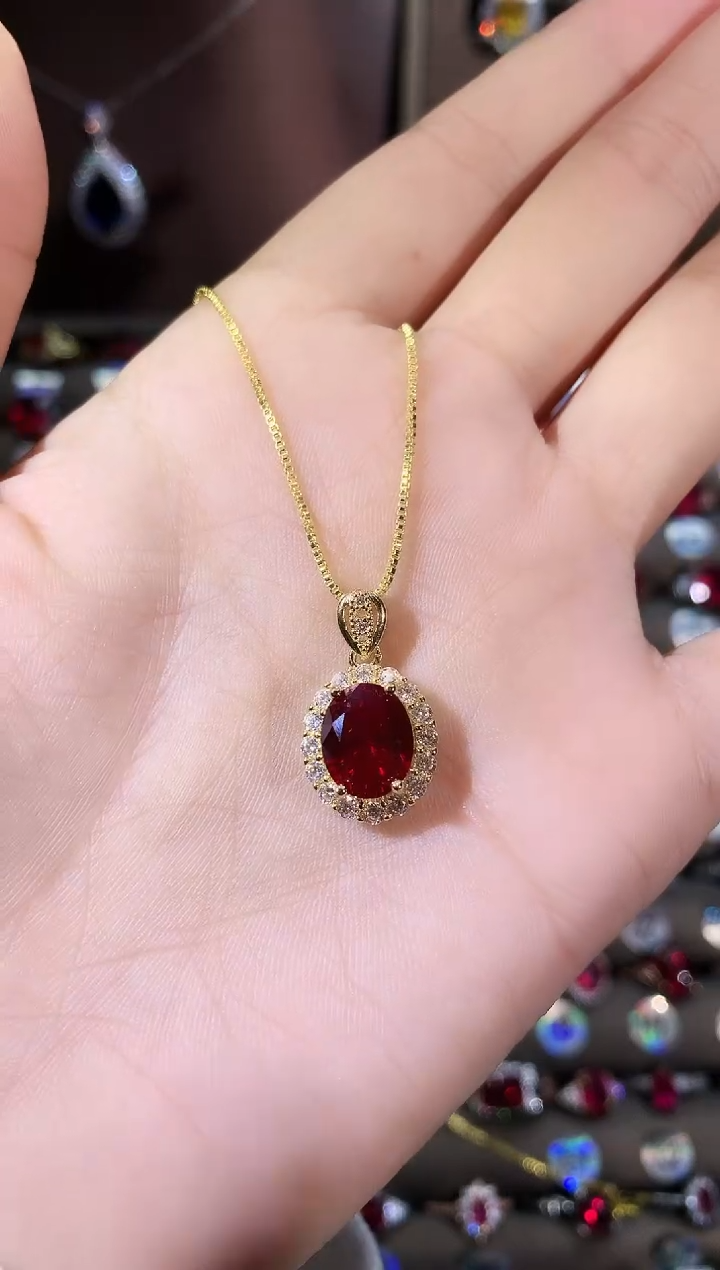 吊坠(赠链)银S925镶嵌红宝石810酒红金色