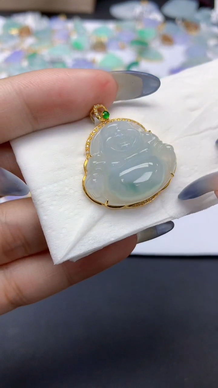 翡翠18K金镶嵌颈饰天然a货翡翠