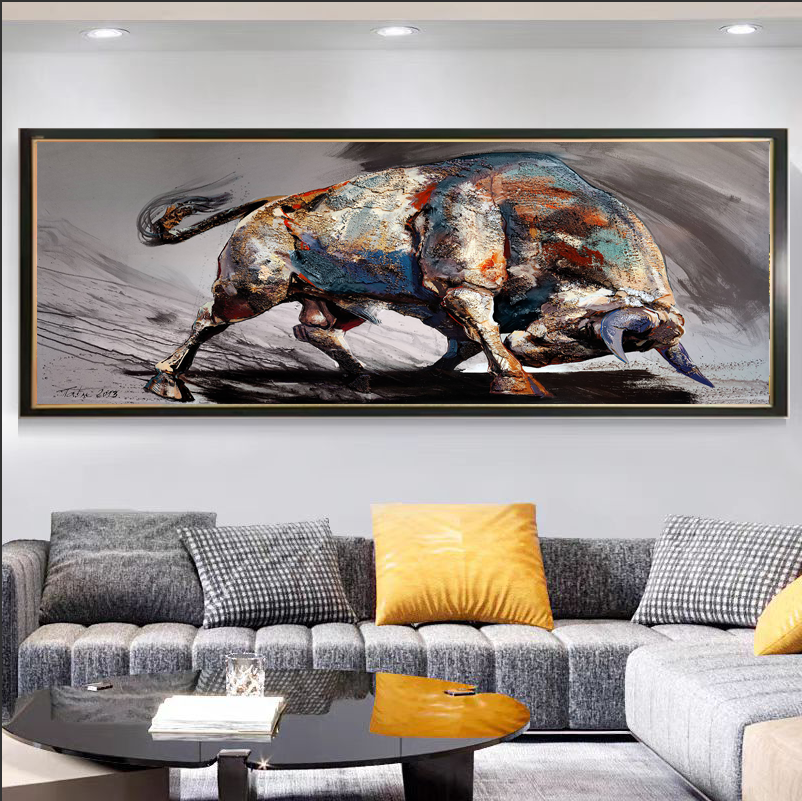 Q91牛气冲天70200山水客厅轻奢沙发挂画钢化玻璃装裱鎏金画