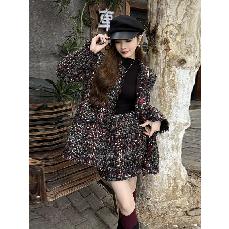 2025新款粗花呢外套女冬季香风高级名媛夹棉外套裙子套装A811103