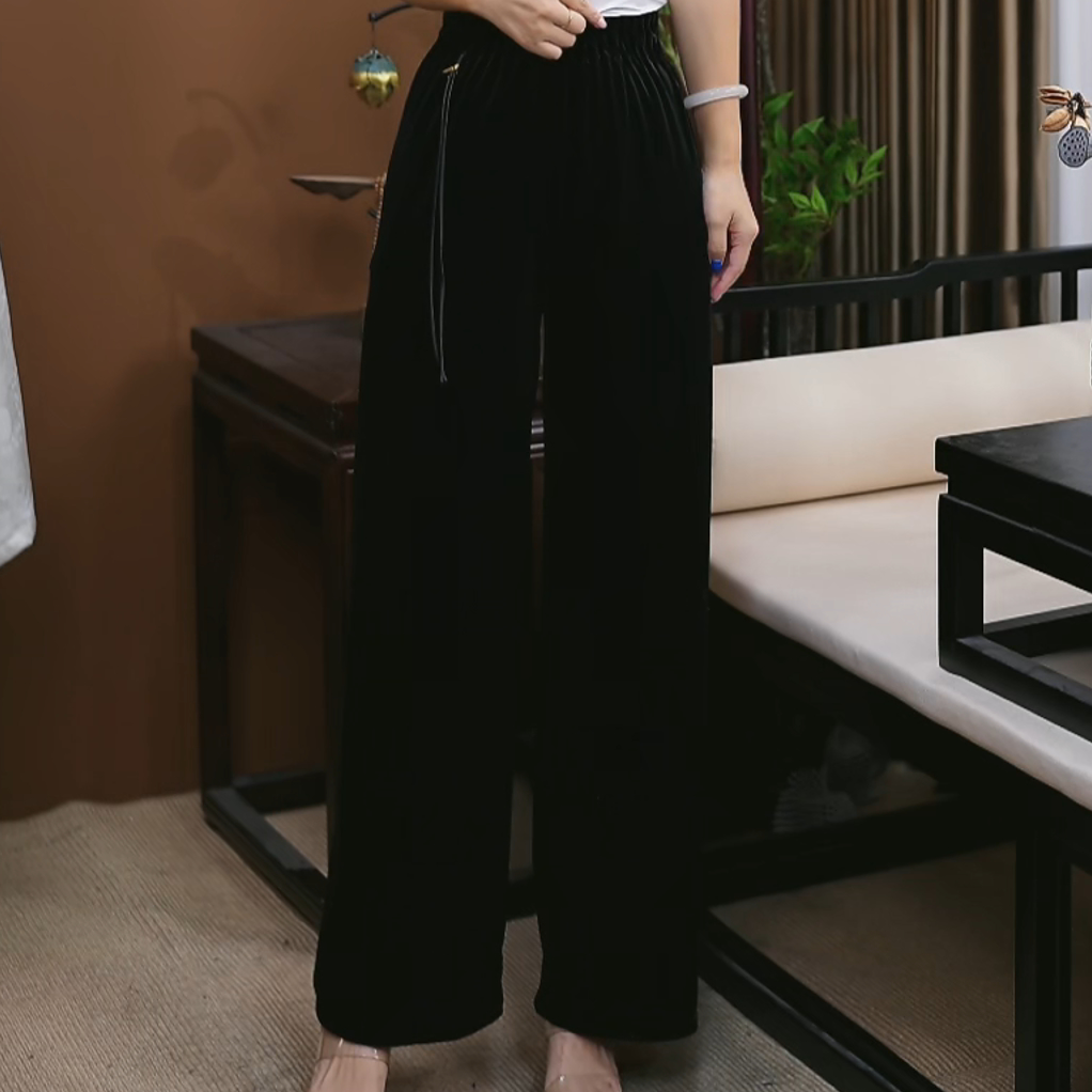 2025秋季新中式国风桑蚕丝直筒裤垂感百搭气质丝绒显瘦女裤S168