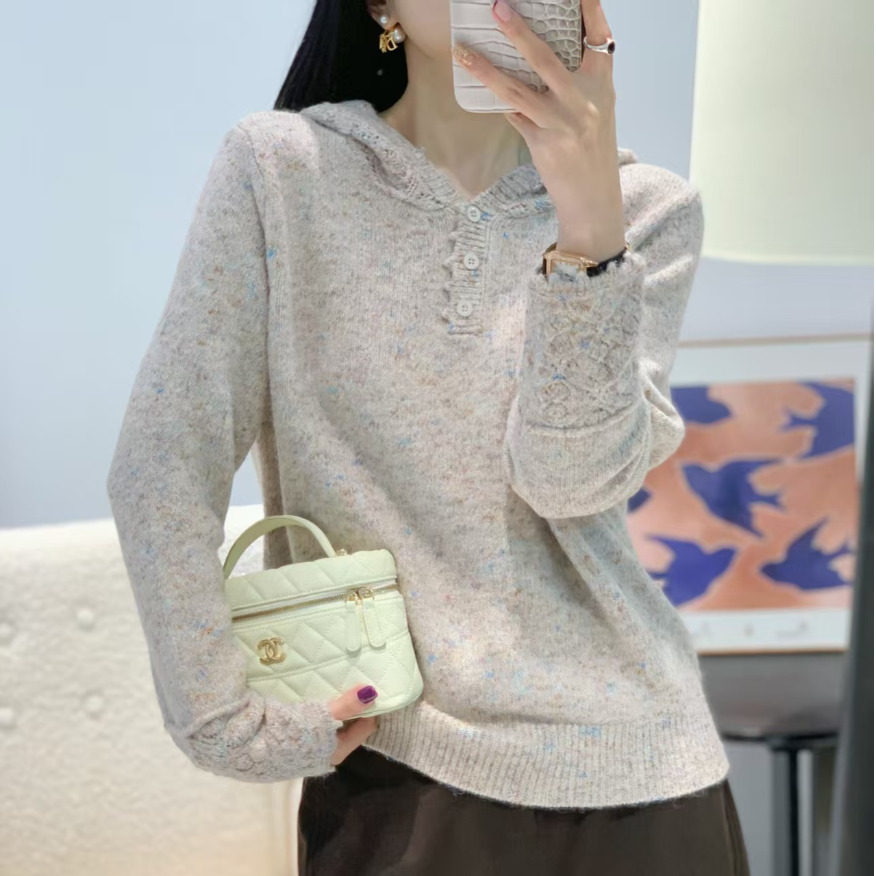 连帽厚款不褪色时尚包袖毛针织衫镂空提花设计感百搭休闲B163#