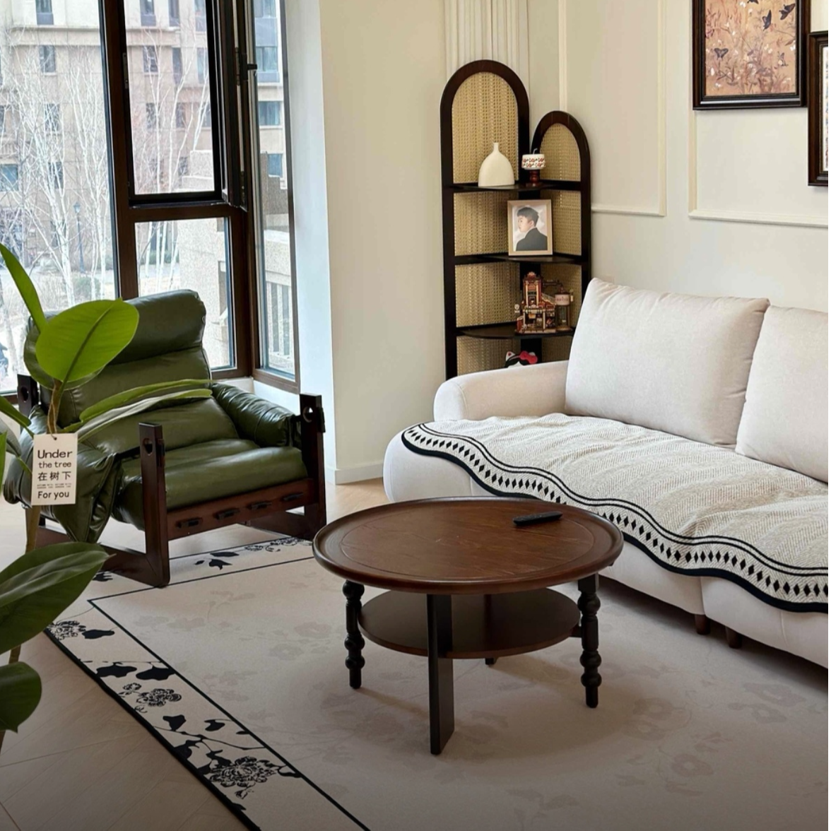 法式中古风实木茶几圆形茶桌小户型小桌子古风家用客厅美复古新款