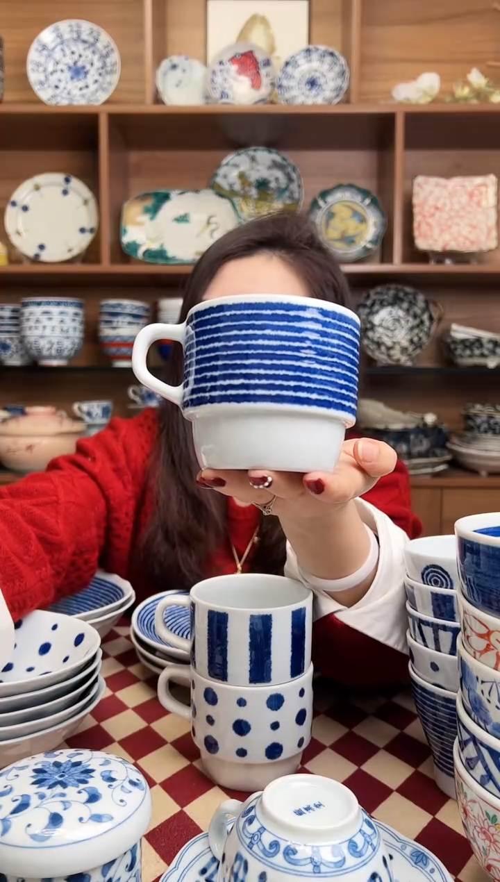 【闪购商品】瓷片蓝染驹筋叠式马克杯