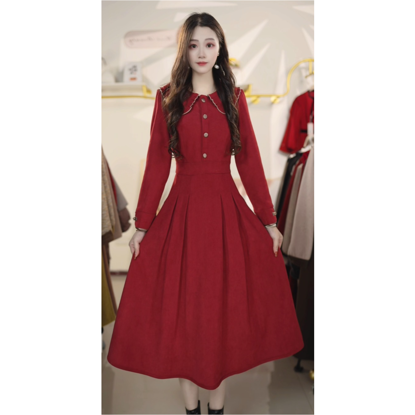 时尚连衣裙2025秋冬新款娃娃领长袖遮肚子显瘦中长款裙子Y541102