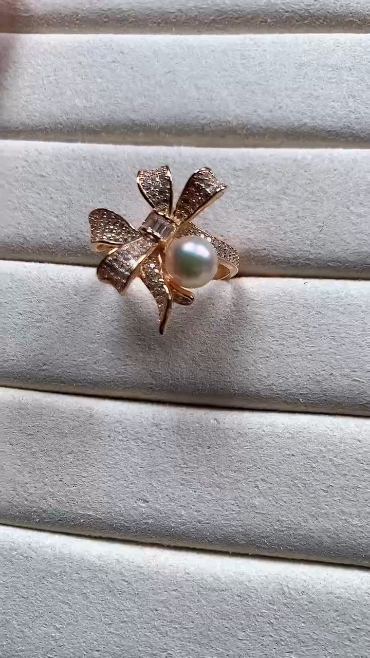 【闪购商品】海水珍珠戒指银S925镶嵌蝴蝶结羽黄金珍珠戒指