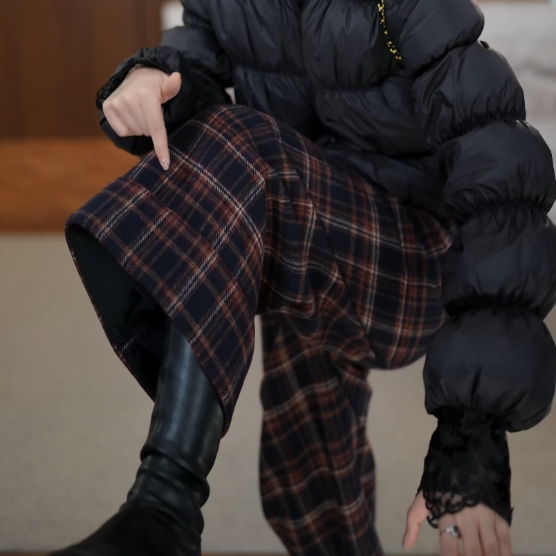 秋冬新款洋气格子高腰毛呢阔腿裤女大码胖mm显瘦百搭保暖休闲裤