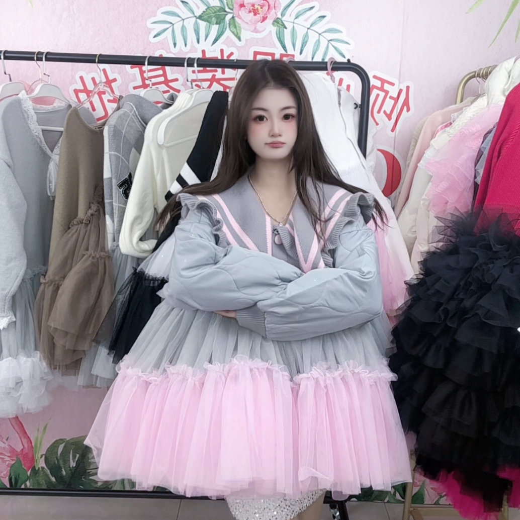 设计师棉服外套女冬新款韩版甜美重工网纱拼接保暖洋气炸街棉衣