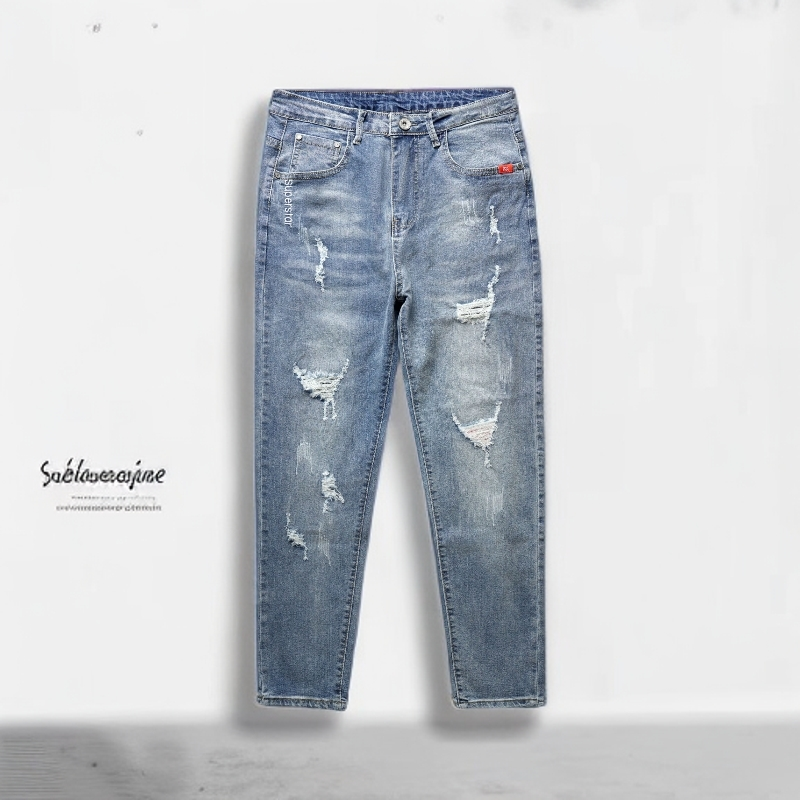秋季牛仔裤男士贴布假破洞牛仔裤男士直筒美式休闲百搭裤子