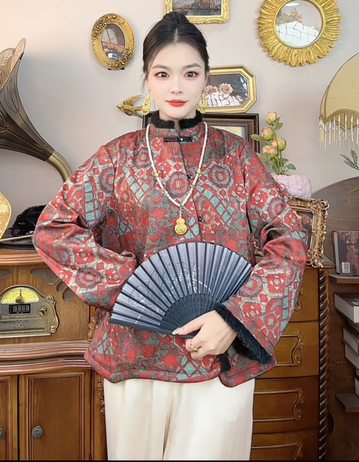 【762】秋冬新中式国风立领斜襟盘扣拼接毛边外套显瘦气质百搭上衣