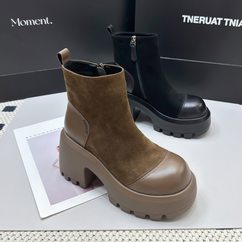 2670-2欧货爆款马丁靴女高跟鞋2025年新款真皮厚底粗跟短靴