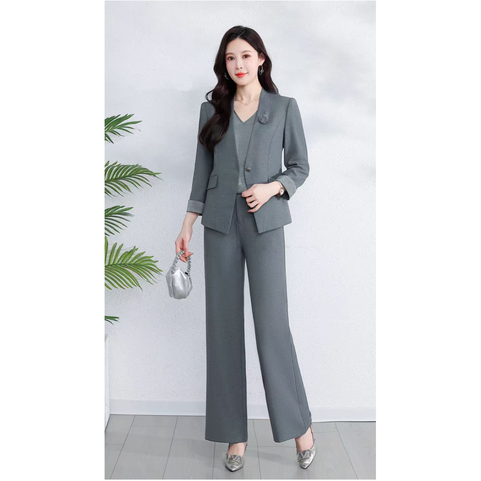 品牌撤柜TA327气质V领西服背心搭西裤女式通勤三件套