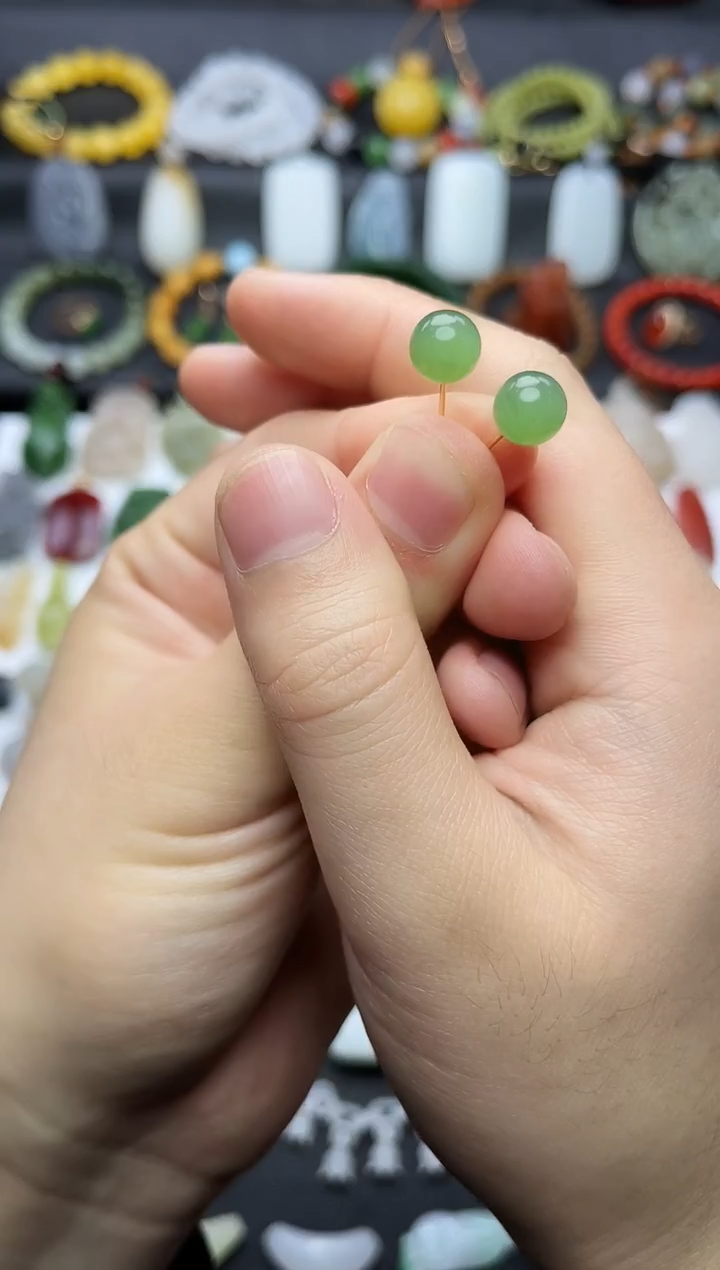 银S925镶嵌和田玉耳饰卡8圆珠耳钉06