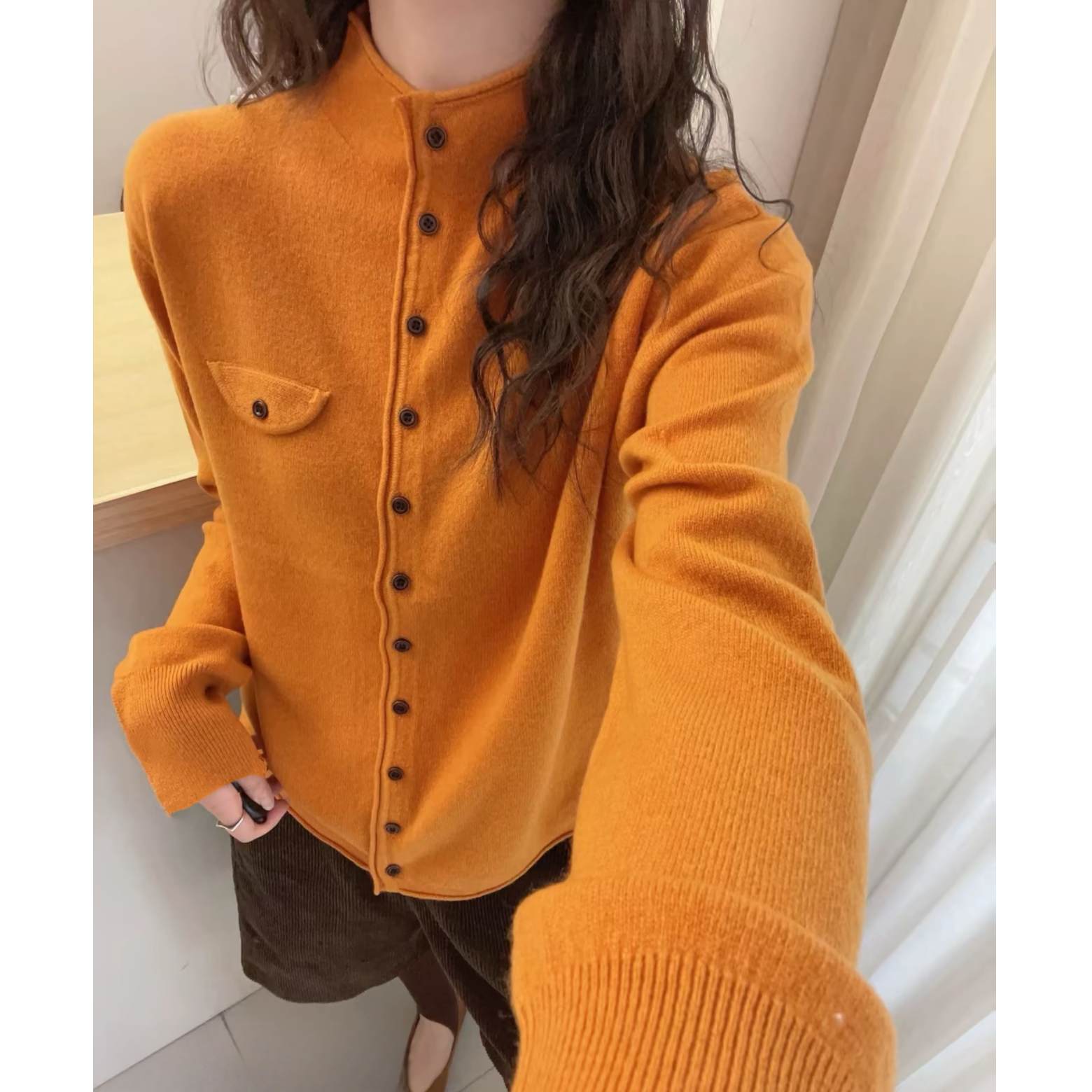 【运费补贴】橘色欧货假口袋针织开衫女毛衣外套气质单排扣宽松上衣