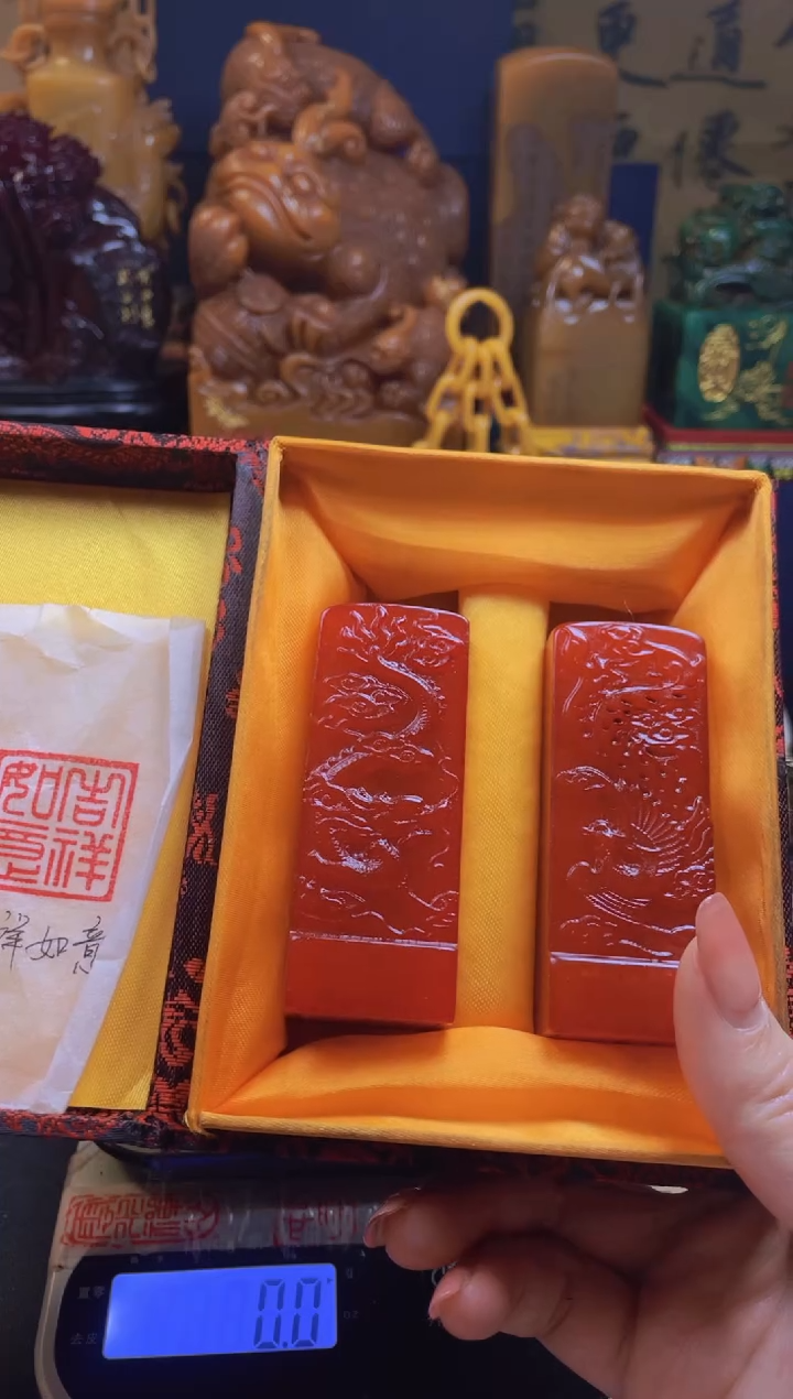 【闪购商品】寿山石印石红田龙凤对章