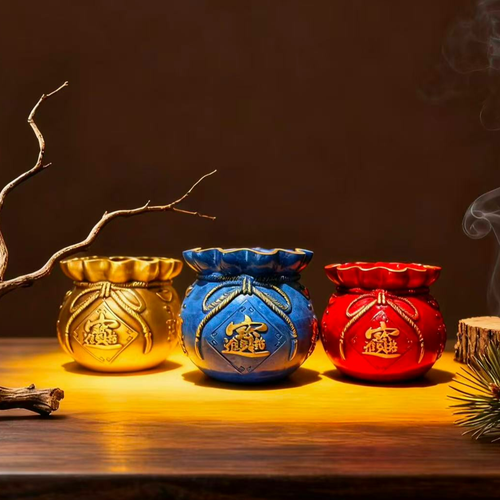 黄铜招财进宝钱袋子摆件纯黄铜聚宝盆福袋摆件铜缸玄关办公室摆件