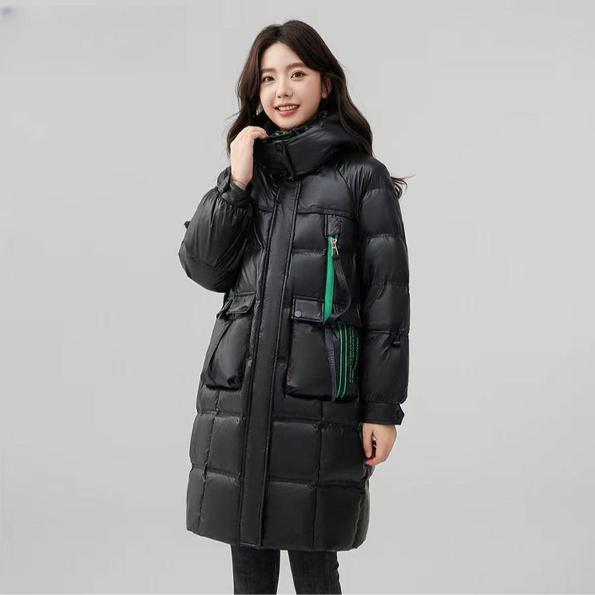 7D25#时尚连帽中长款保暖羽绒服【A10-3】