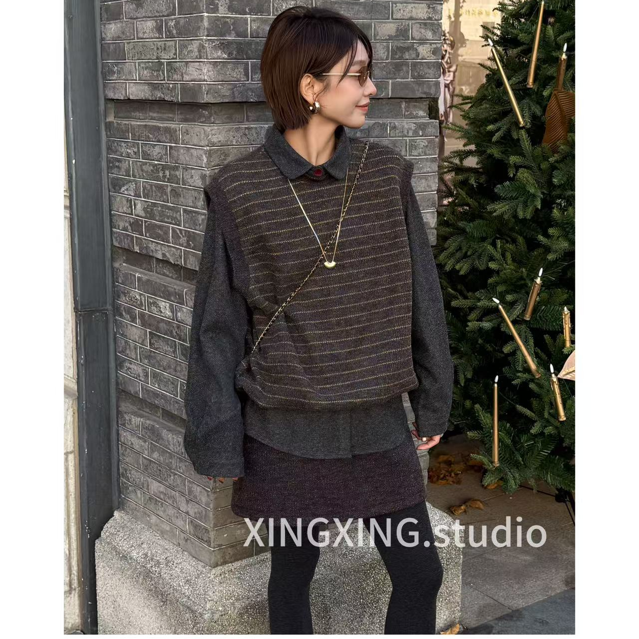 X.x.小香风休闲针织套装裙女无袖针织背心裙毛衣外套两件套5307