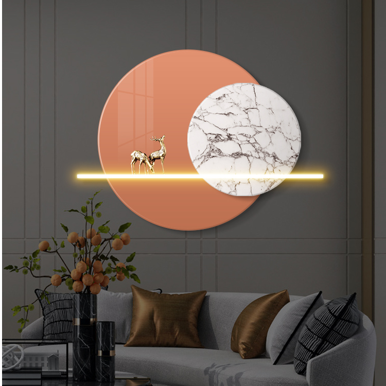 现代轻奢客厅沙发背景墙装饰画立体墙饰圆形挂画发光LED玄关壁画