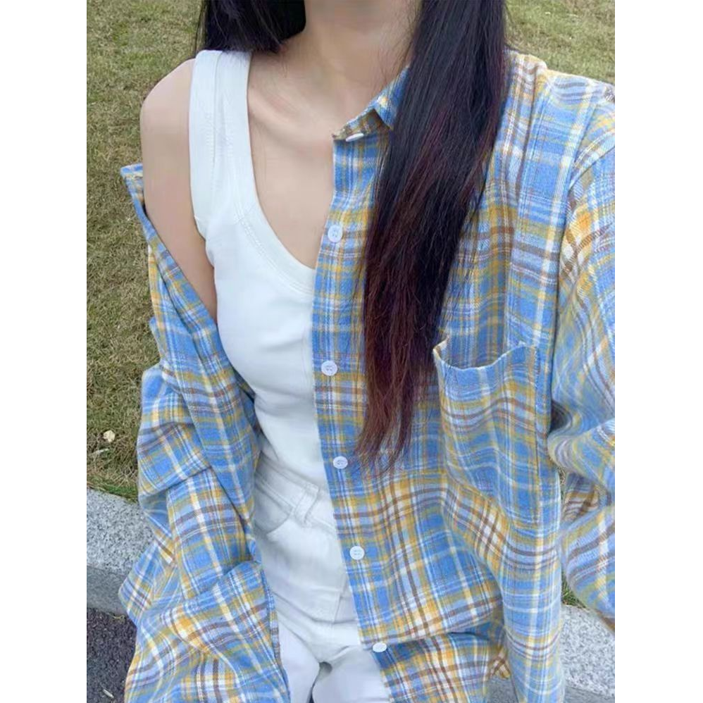 浅蓝格子衬衫女长袖高级感衬衣秋季新款慵懒外套韩版宽松外穿百搭