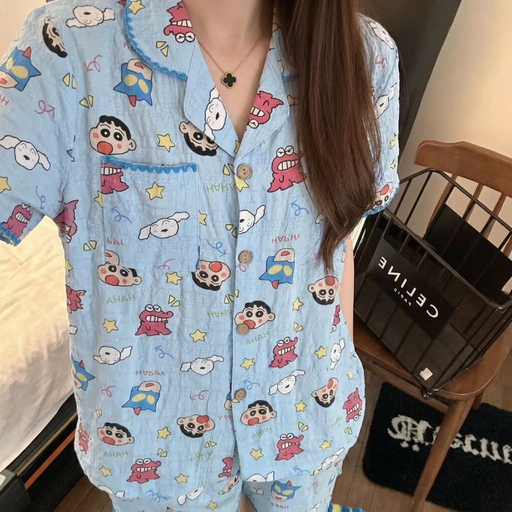 蜡笔小新睡衣女款夏季2026新款短袖可爱网红细纱绵家居服三件套装