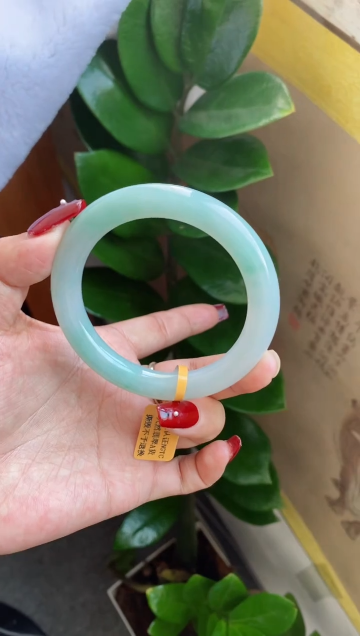 【闪购商品】翡翠手镯未镶嵌（十星强推）无棉冰化胶蓝晴绿圆条8号