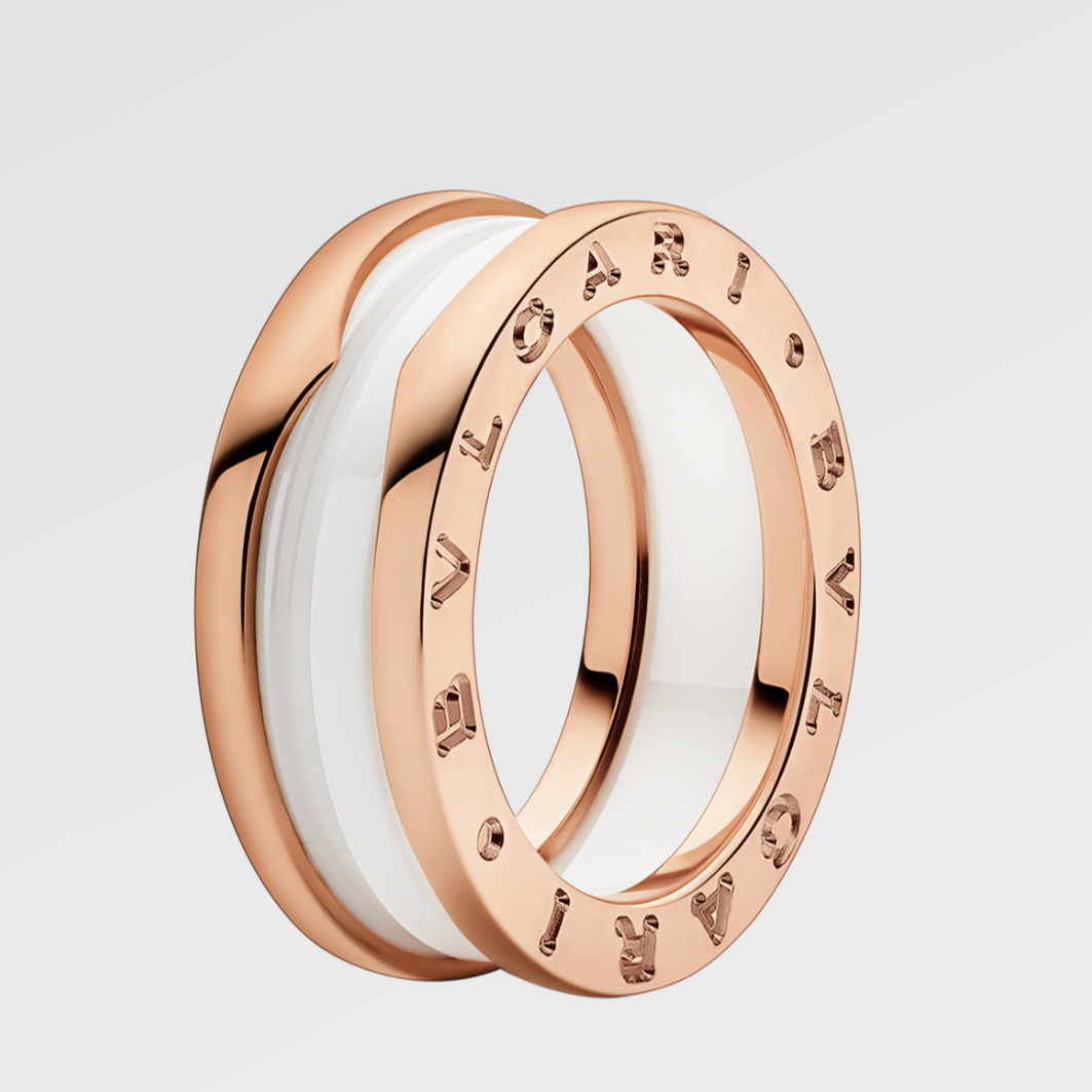 99新 BVLGARI/宝格丽 B.ZERO.1系列玫瑰金色 白陶瓷三环戒指 