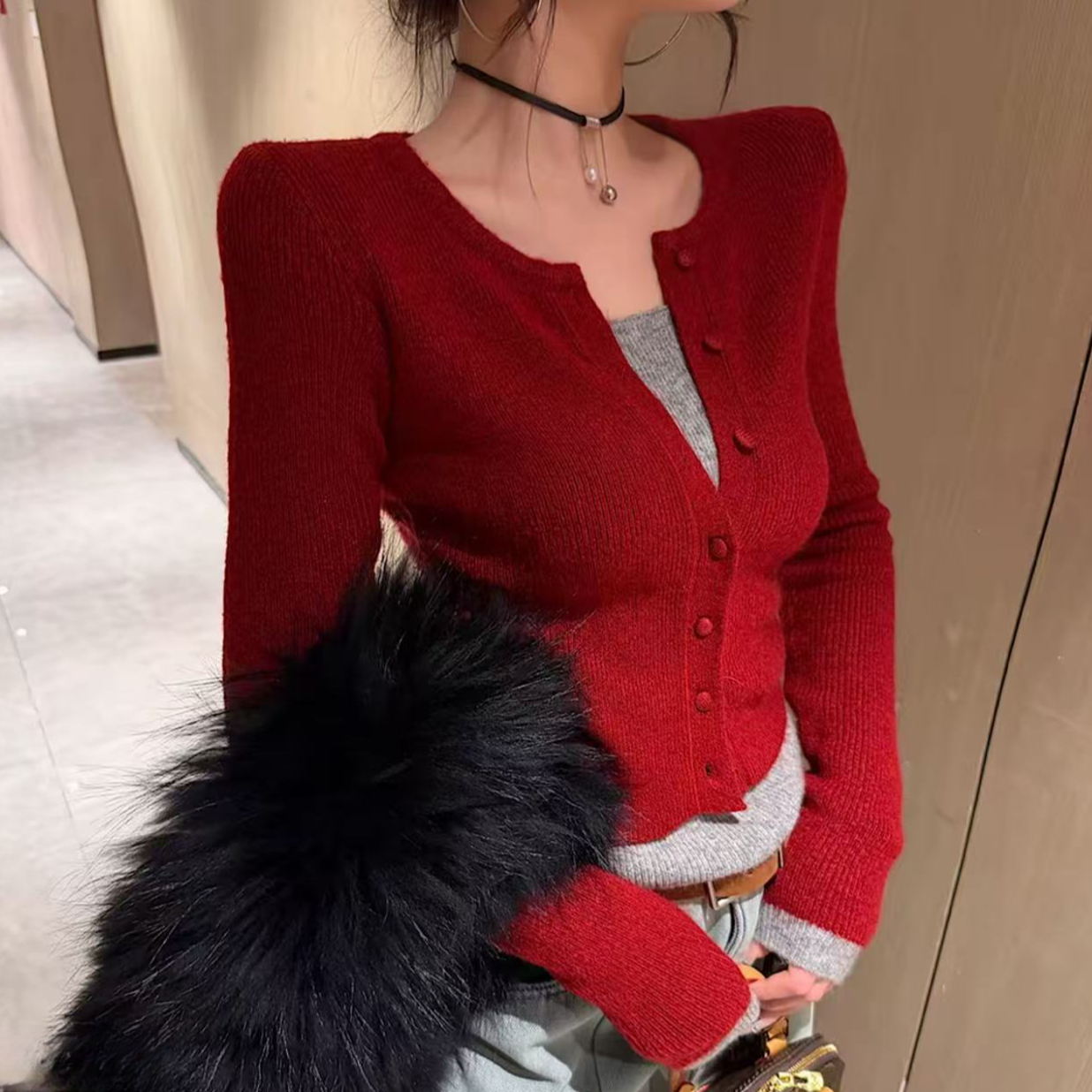 《音束YinShu》假两件撞色辣妹减龄女毛衣针织衫秋冬新款