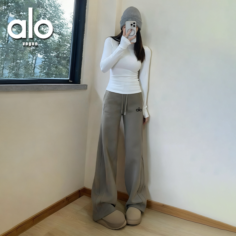 alovogue运动阔腿卫裤秋冬高腰抽绳加绒保暖休闲直筒长裤宽松显瘦