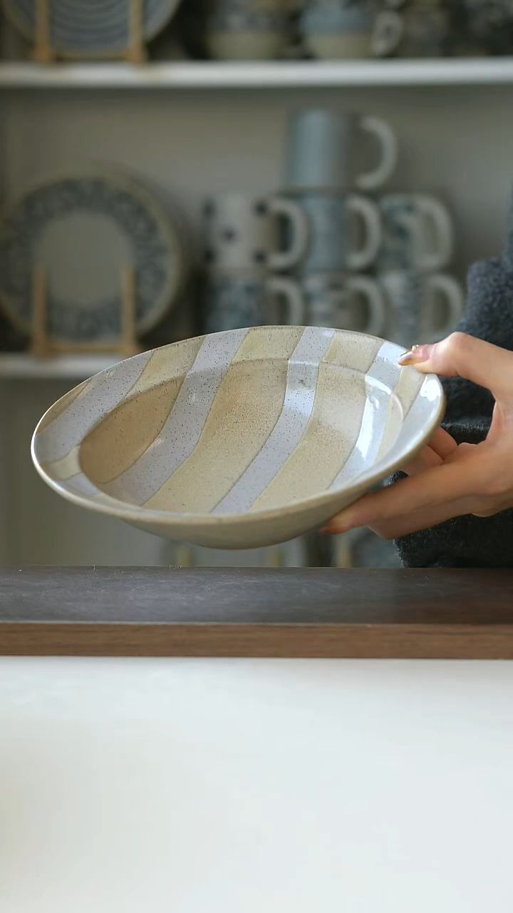 陶画釉条纹小深盘19cm@4-2@