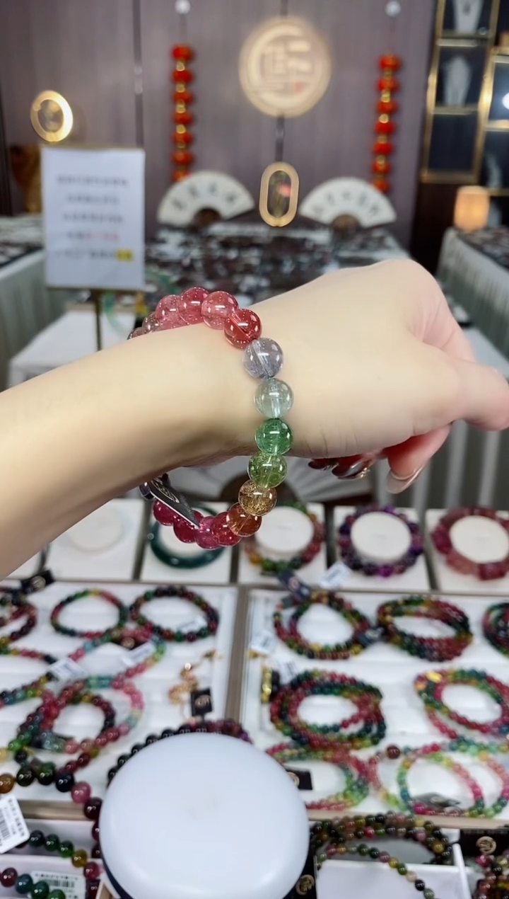 收藏级老矿碧玺色标彩虹净体单圈手串9mm未镶嵌碧玺dan一物一证