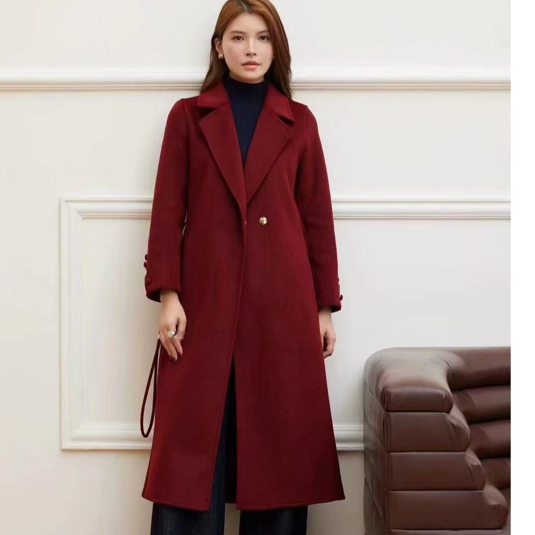 翻领毛呢外套红色休闲呢大衣时尚网红双面呢秋冬