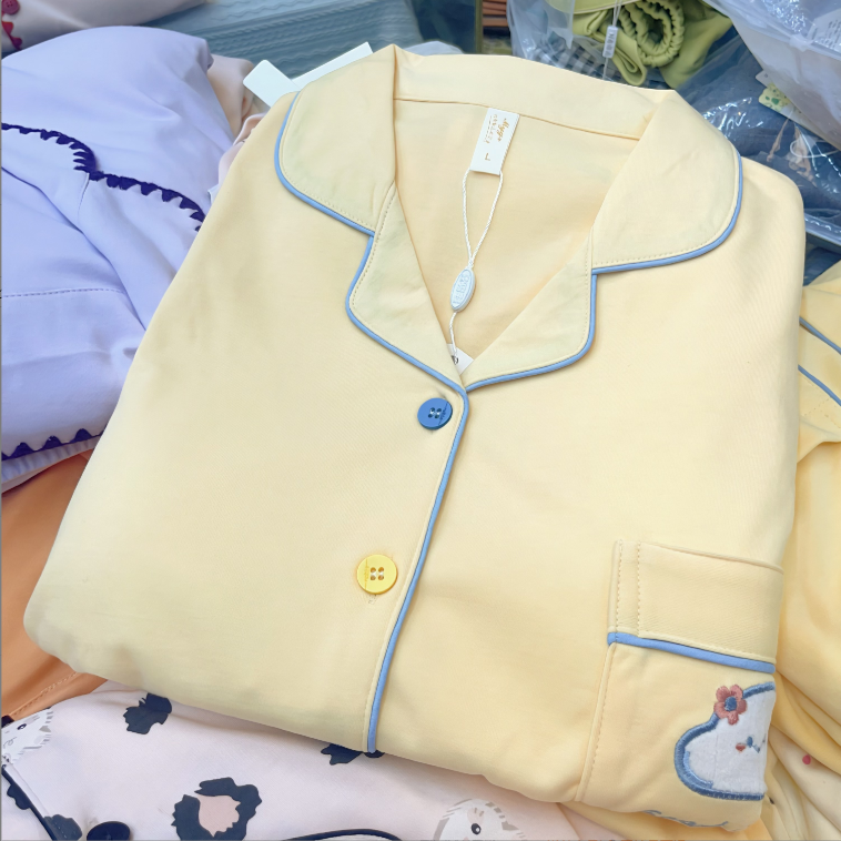 【B192】紧赛棉秋冬加厚12～25°黄色云朵精品刺绣款长袖长裤+胸垫