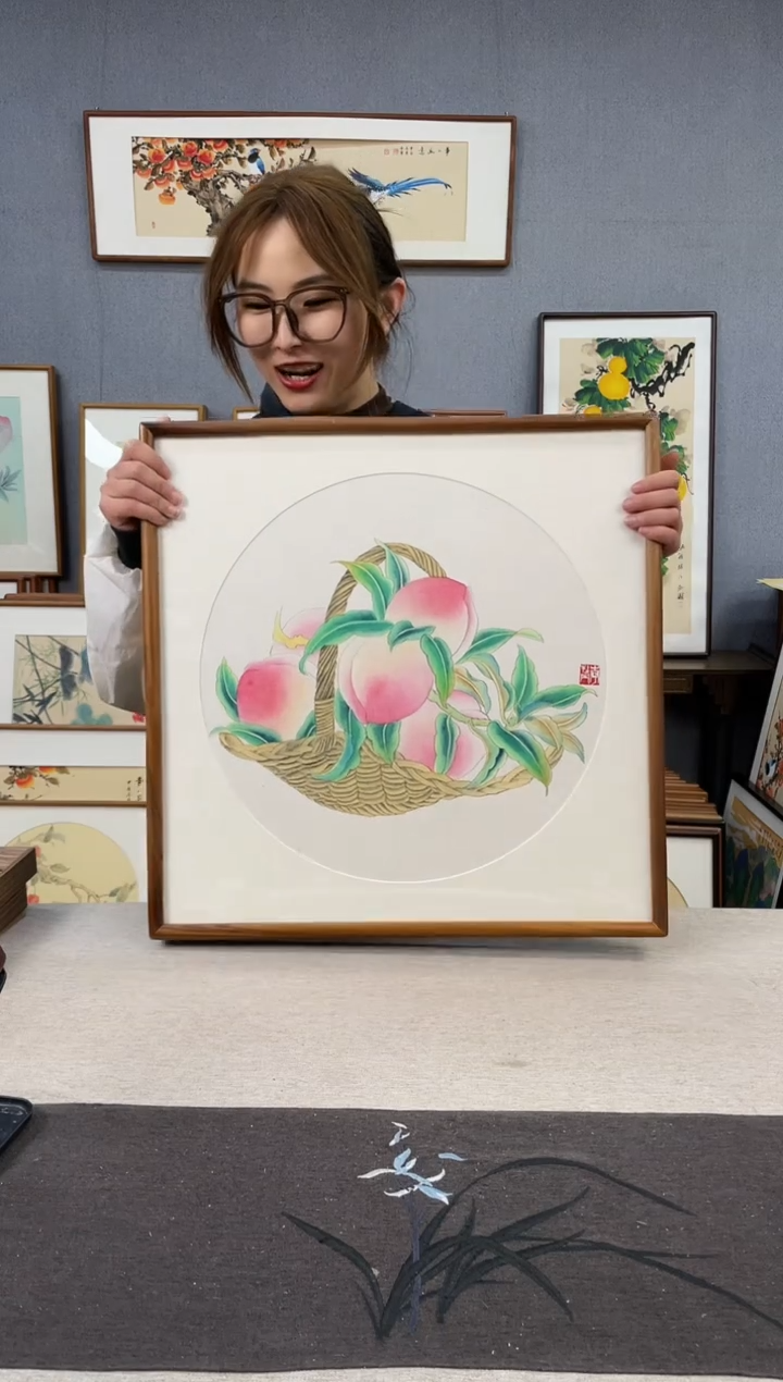 【闪购商品】国画手写手绘带框作品-52*52-桃子