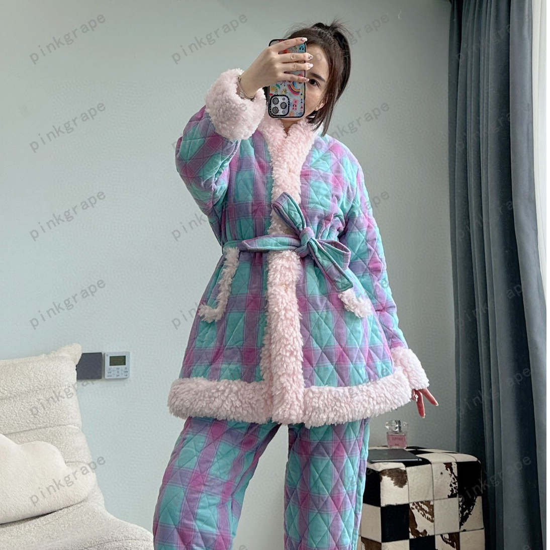 pinkgrape睡衣女冬季零下防静电加厚保暖三层夹棉睡衣套装2478524