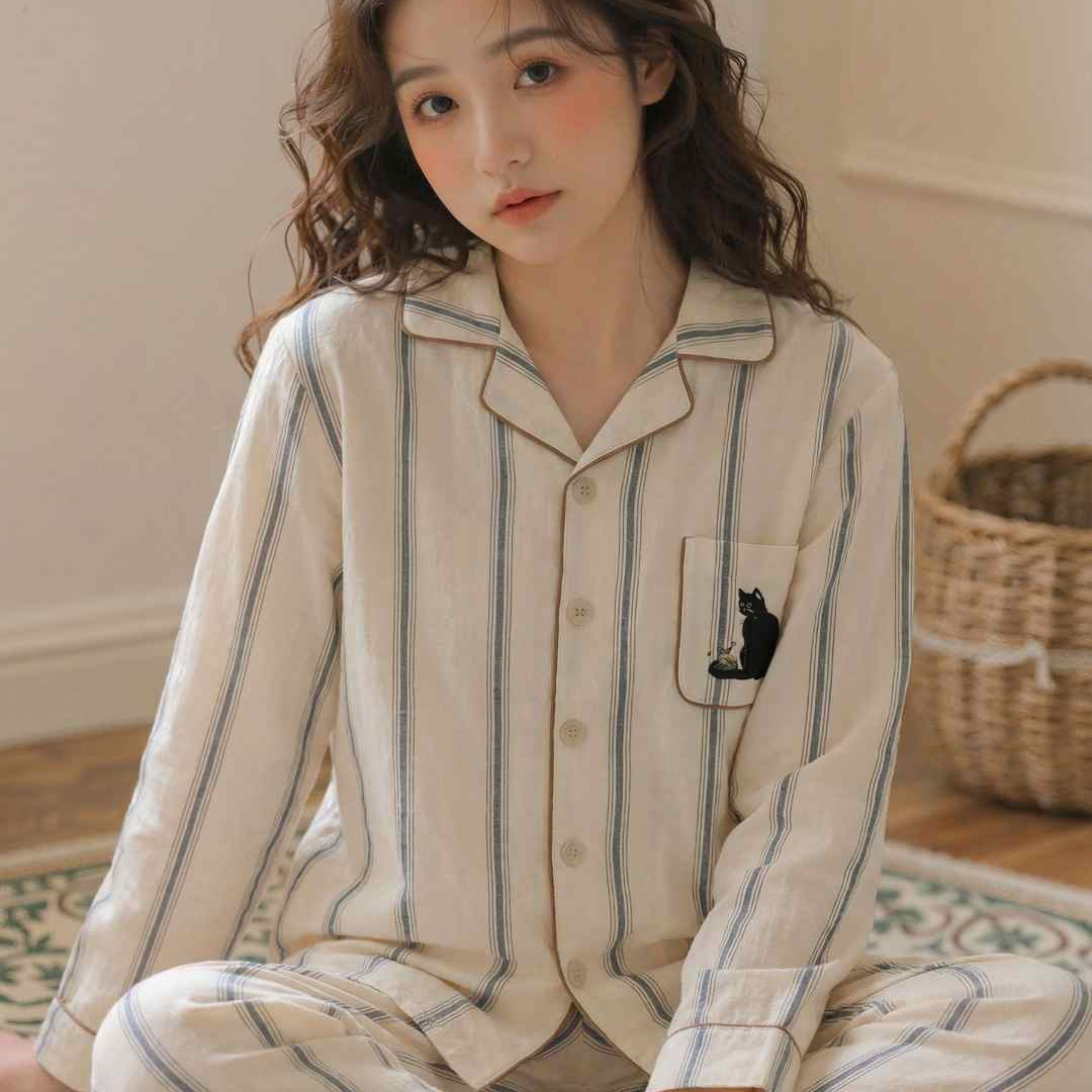 25秋冬季冬天新款曼妮猫条纹全棉保暖睡衣情侣家居服长袖翻领套装