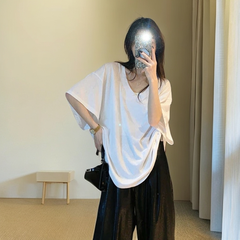 松弛感慵懒风宽松大V领口纯白色中长款大版大码短袖T恤上衣女夏季