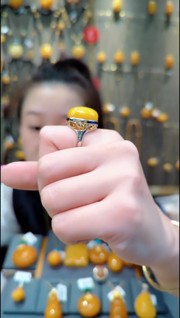 蜜蜡银S925镀金镶嵌戒指﹣C203蜜蜡戒指