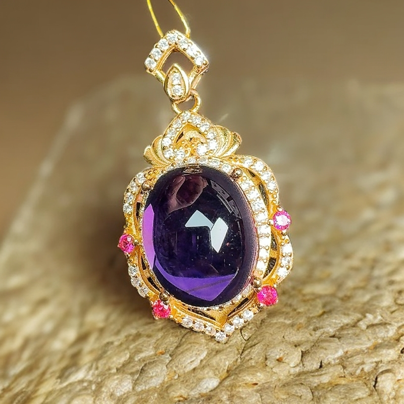 天然S925银素面紫水晶吊坠主石11*13尺寸