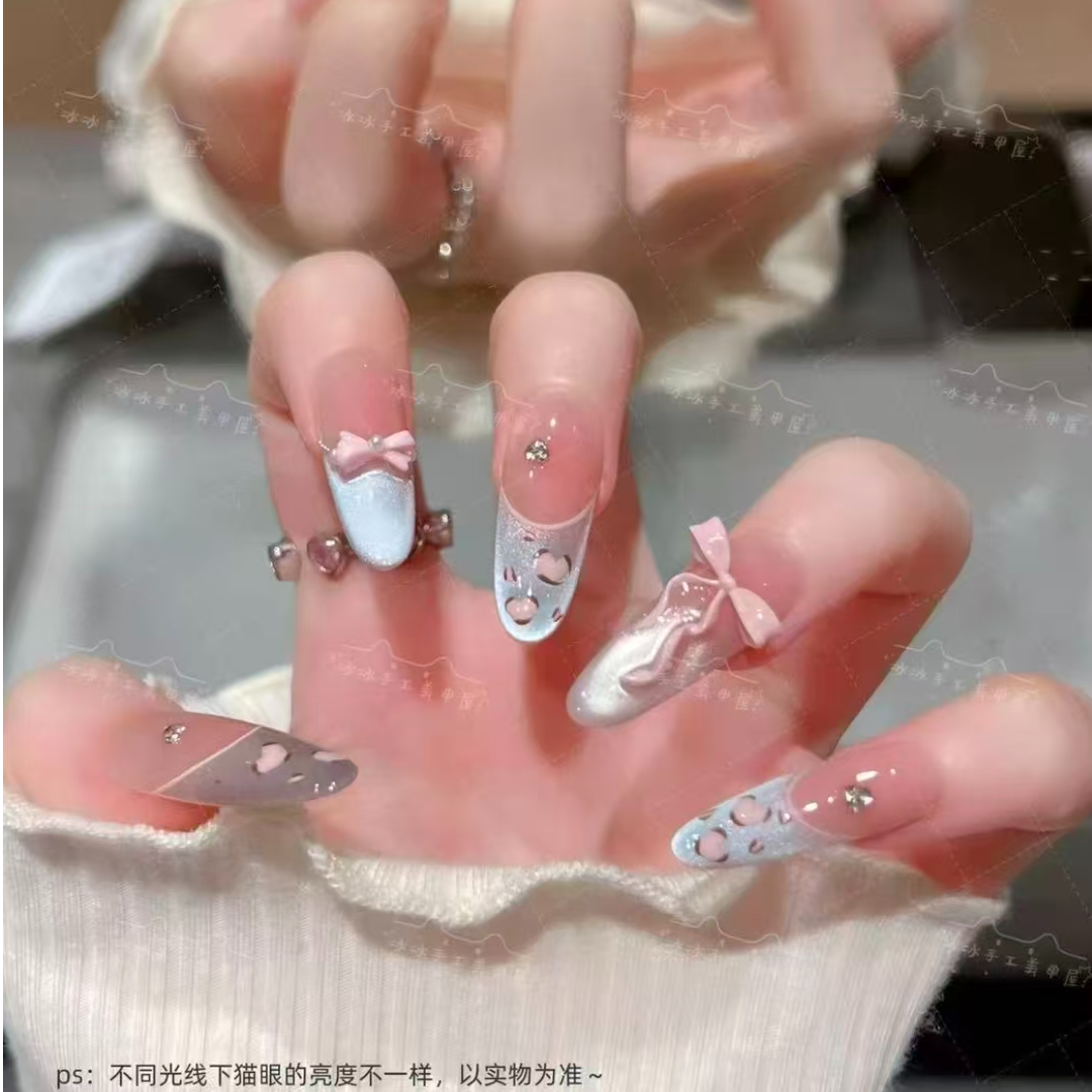 【奶蓝小豹】春夏甜美海盐豹纹法式渐变蝴蝶结手工穿戴甲显白高级感