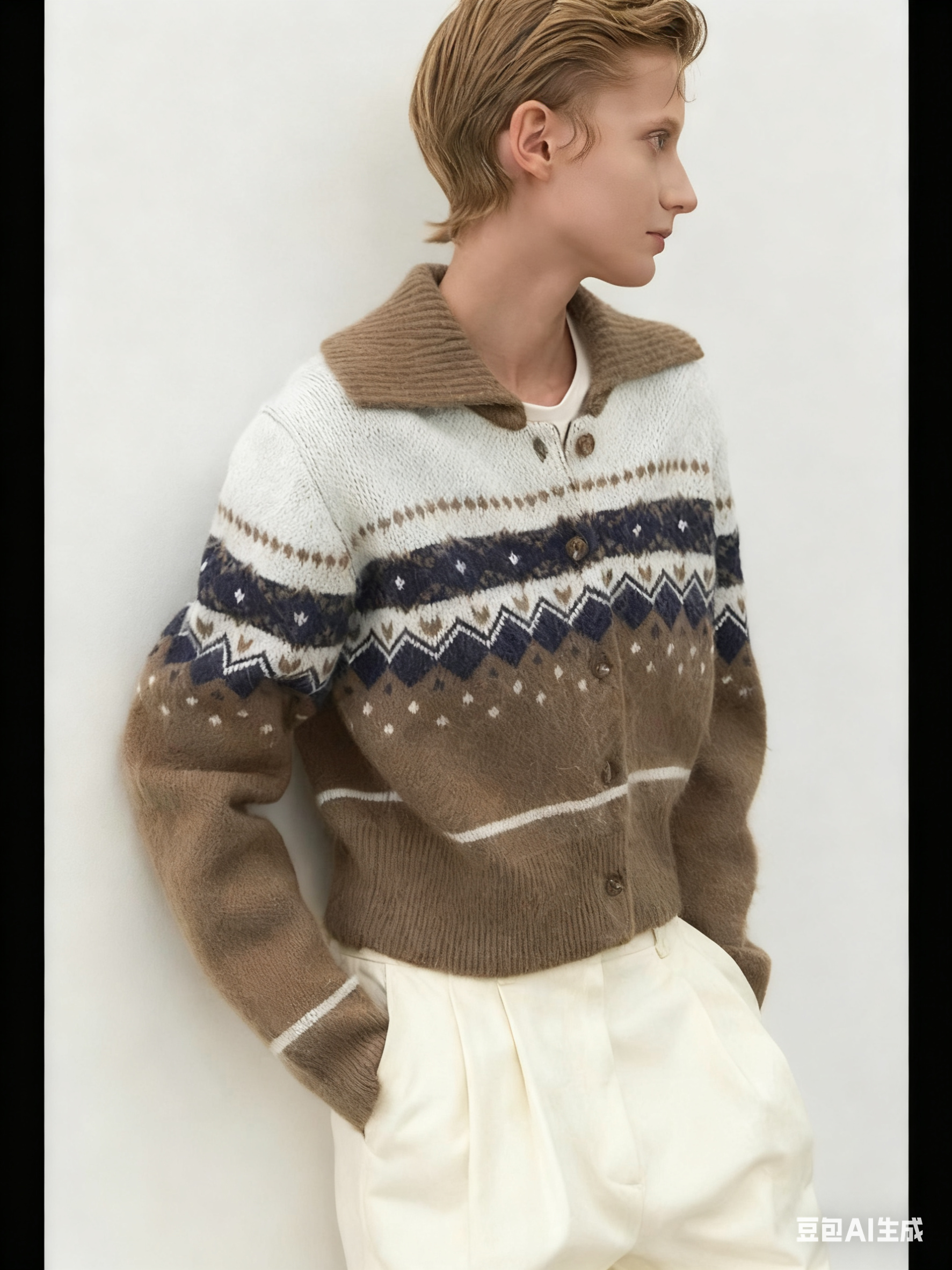 可可 纳某音 元单时尚百搭翻领复古提花针织衫毛衣开衫外套