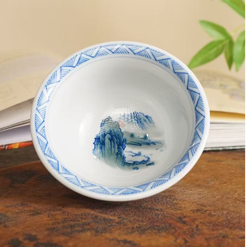 德物小雅纯手工手绘青花釉下五彩山水压手杯景德镇陶瓷柴窑主人杯